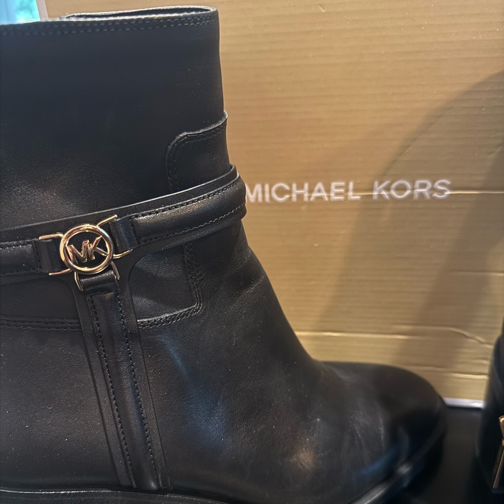 Michael Kors Mindy Black Ankle Boots with Gold Accents